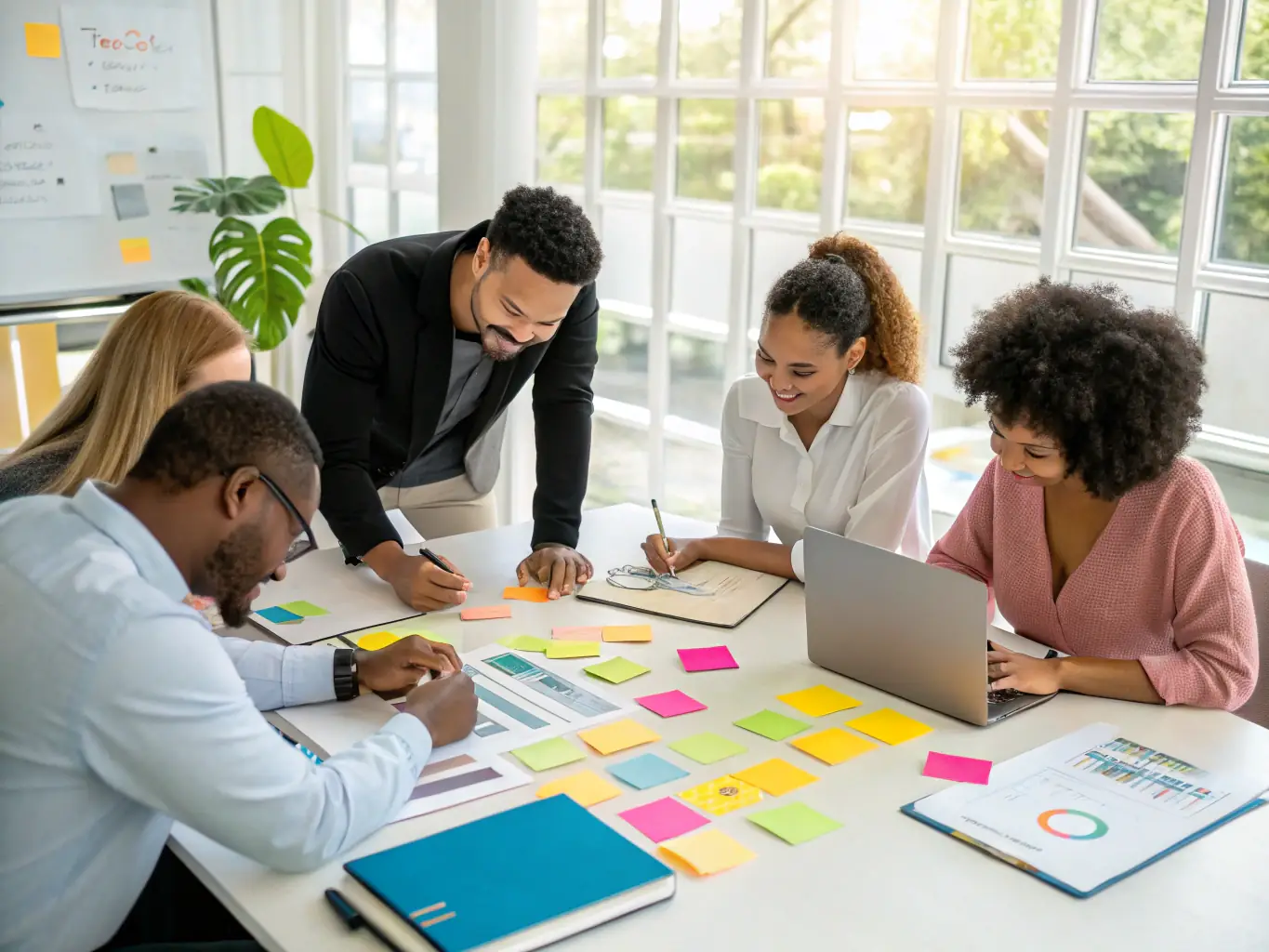 A diverse team of consultants brainstorming innovative solutions in a modern office setting, symbolizing collaborative problem-solving.
